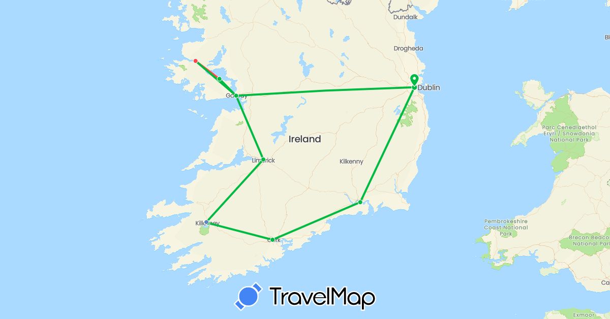 TravelMap itinerary: driving, bus, cycling, hiking in Ireland (Europe)